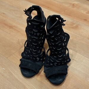 Brian Atwood Black Laser-Cut Cage High Heels